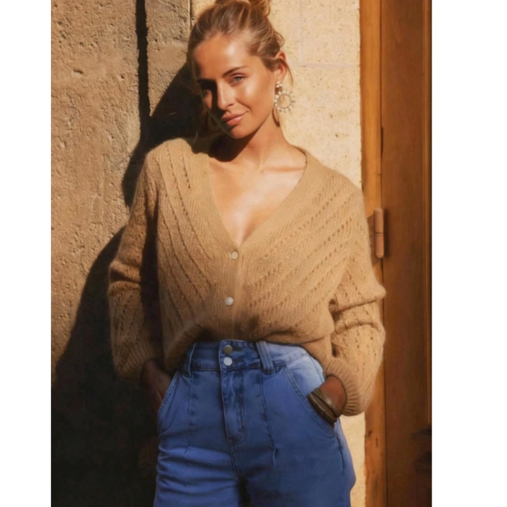 V-Cut Buttoned Down Camel Tan Knit Cardigan Textured, Long Sleeve - Picture 4 of 7